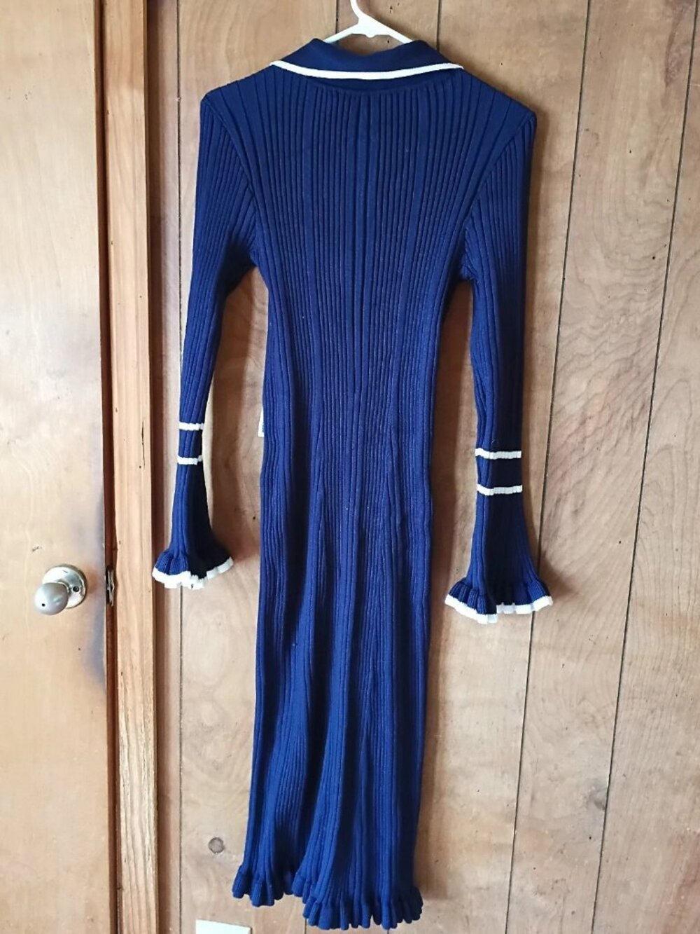 Vintage Ribbed Knit Sailor Dress Blue White Size L Bell Sleeve midi - Picture 4 of 6